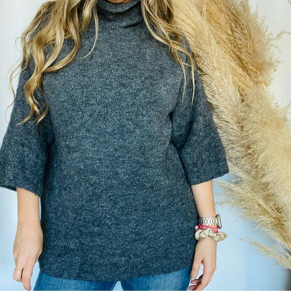 ZARA Knit Italian Yarn Charcoal Grey Half Sleeve Turtleneck Pullover Sweater M - Picture 3 of 7